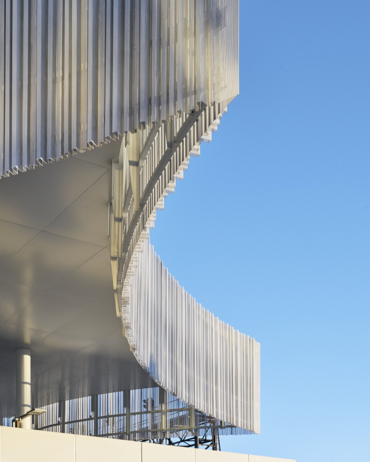 Frankston Station canopy detail – sculptural aluminium screen and urban form by leading rail architecture firm in Australia.
