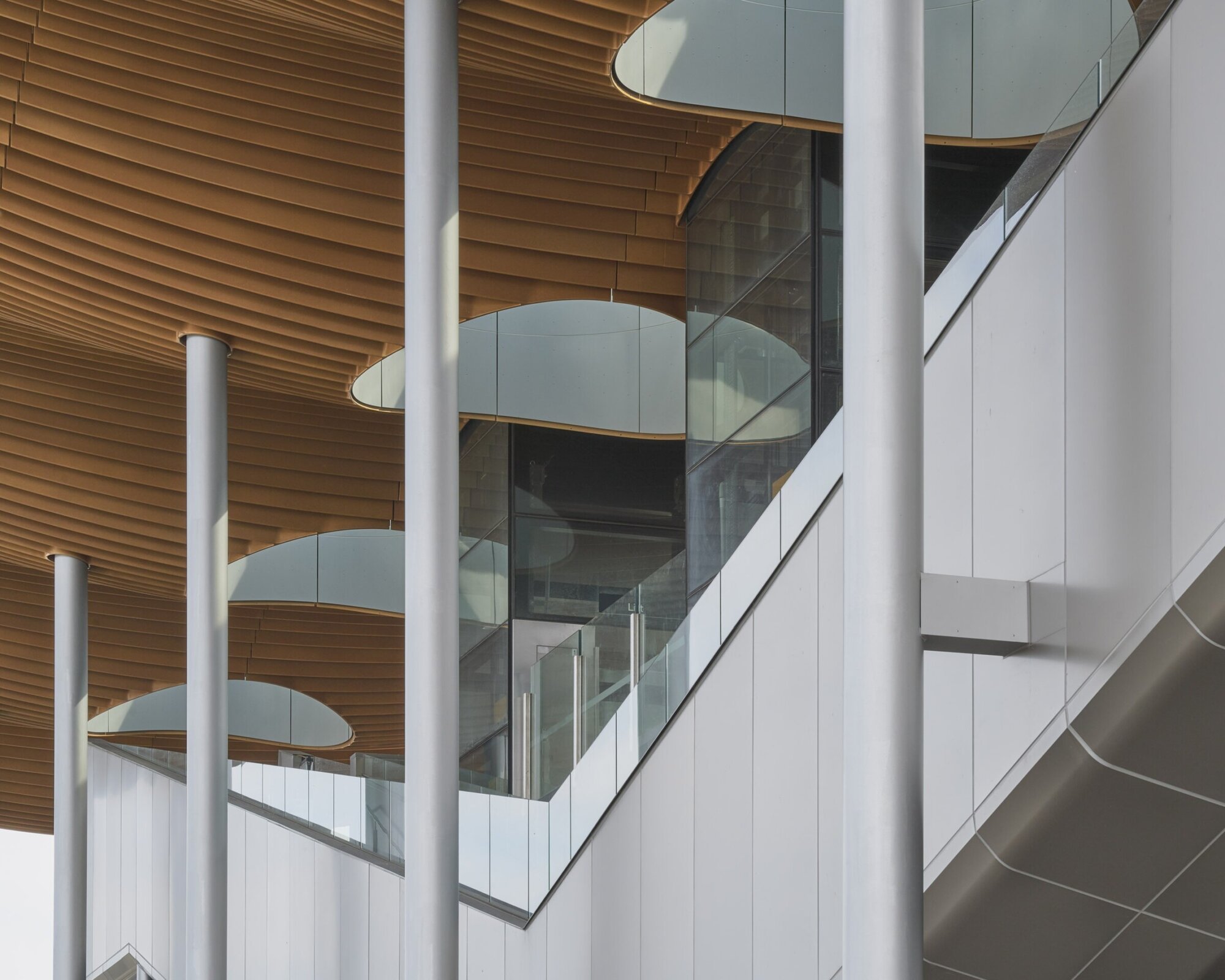 Architectural detail of canopy, glass and steel structure at a Genton designed station, reflecting aviation and transport interchange expertis